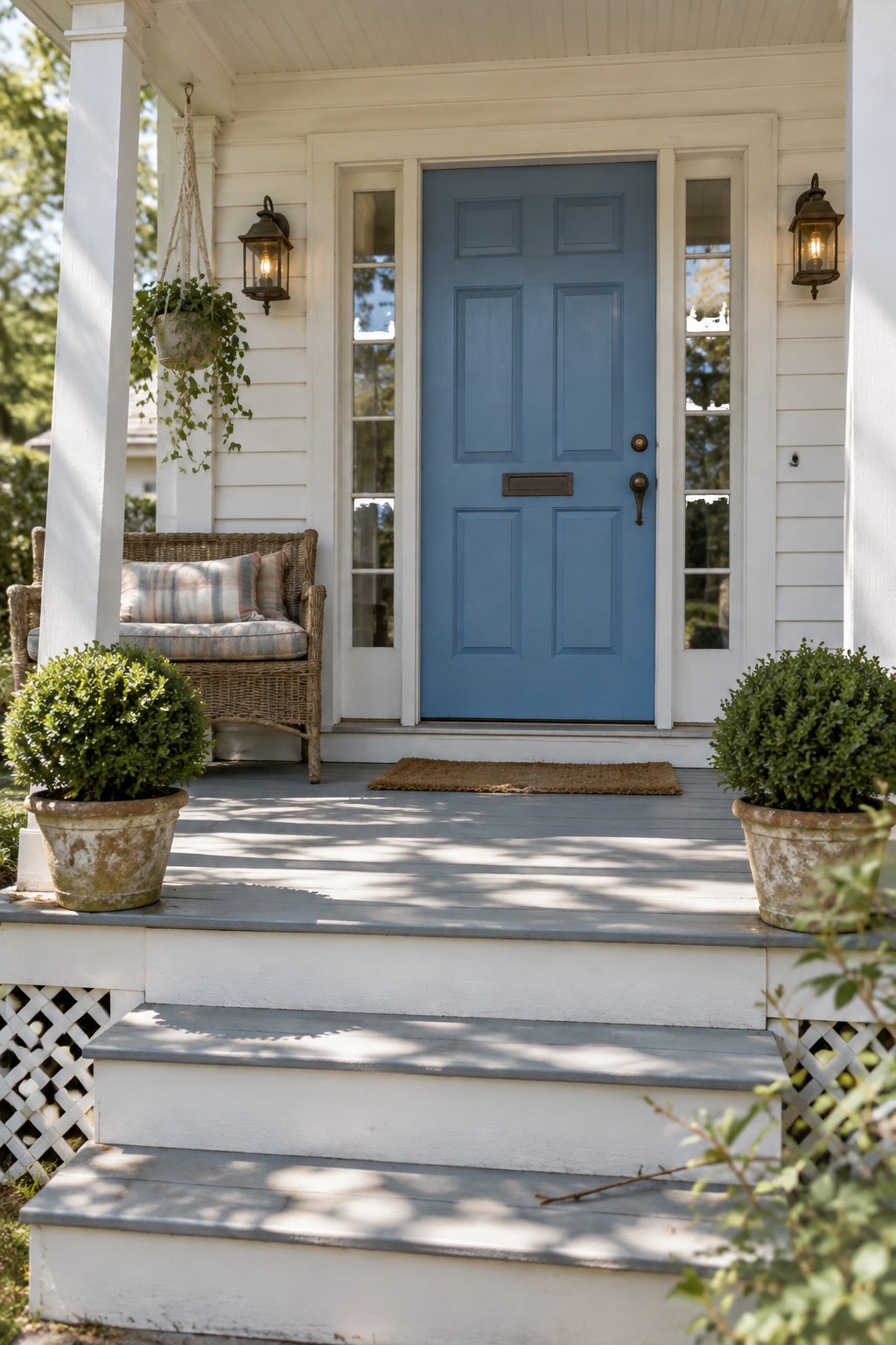 A blue paneled front door with dark hardware on a white clapboard porch.