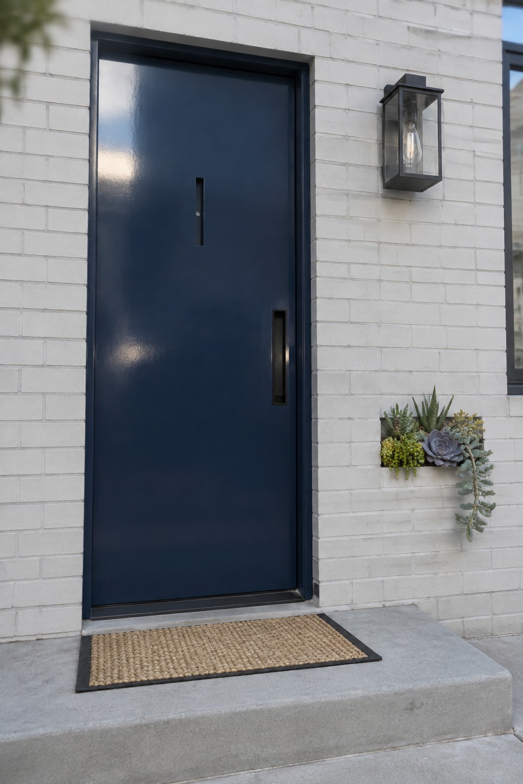 A navy front door with slim black hardware set in a light brick exterior.