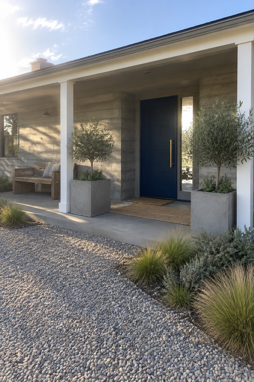 A navy front door with a brass handle sits in a pale horizontal-board exterior, beside two concrete planters on a covered porch.