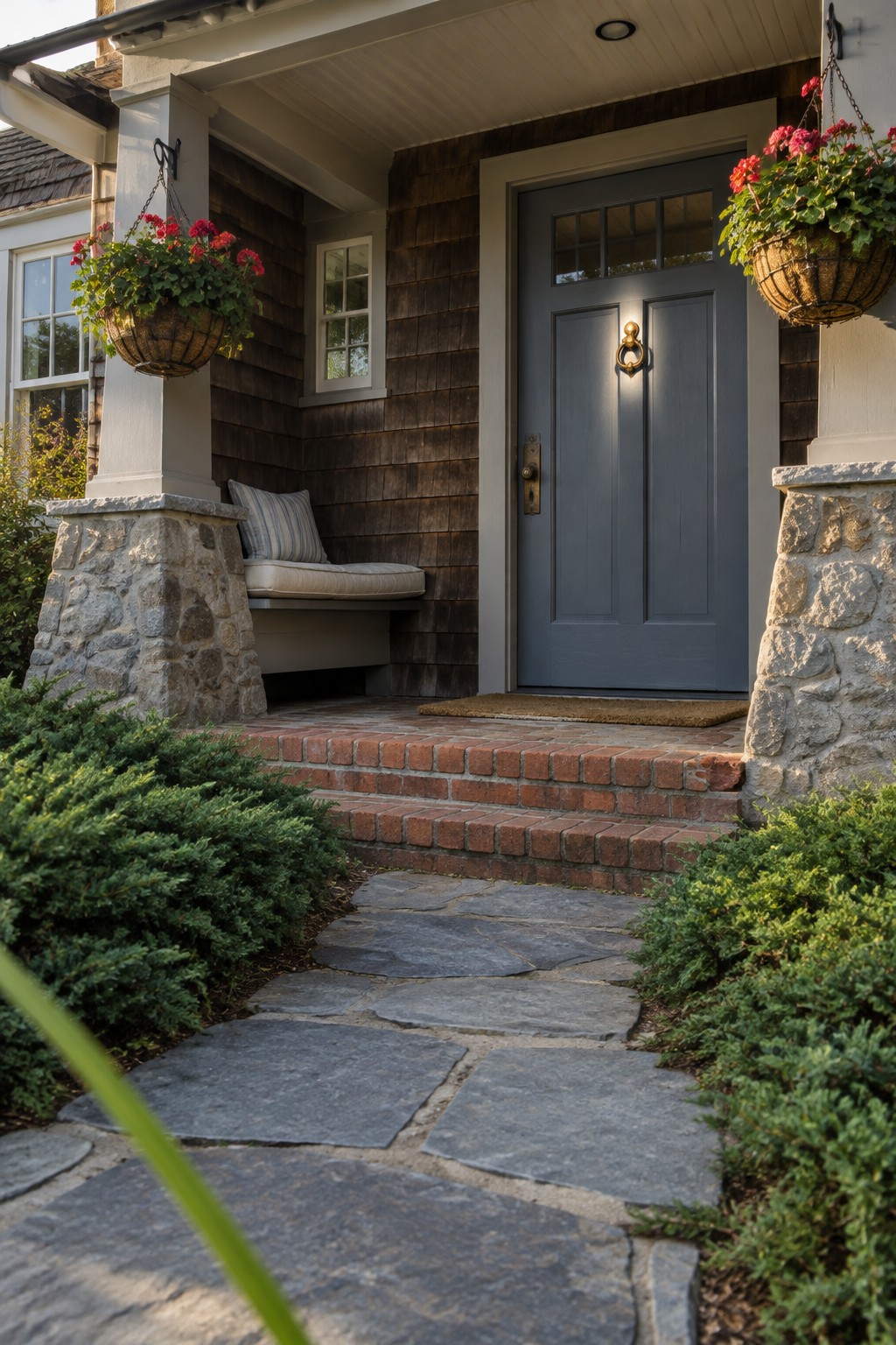 A blue paneled front door with a brass knocker sits beneath a covered entry with hanging flower baskets.