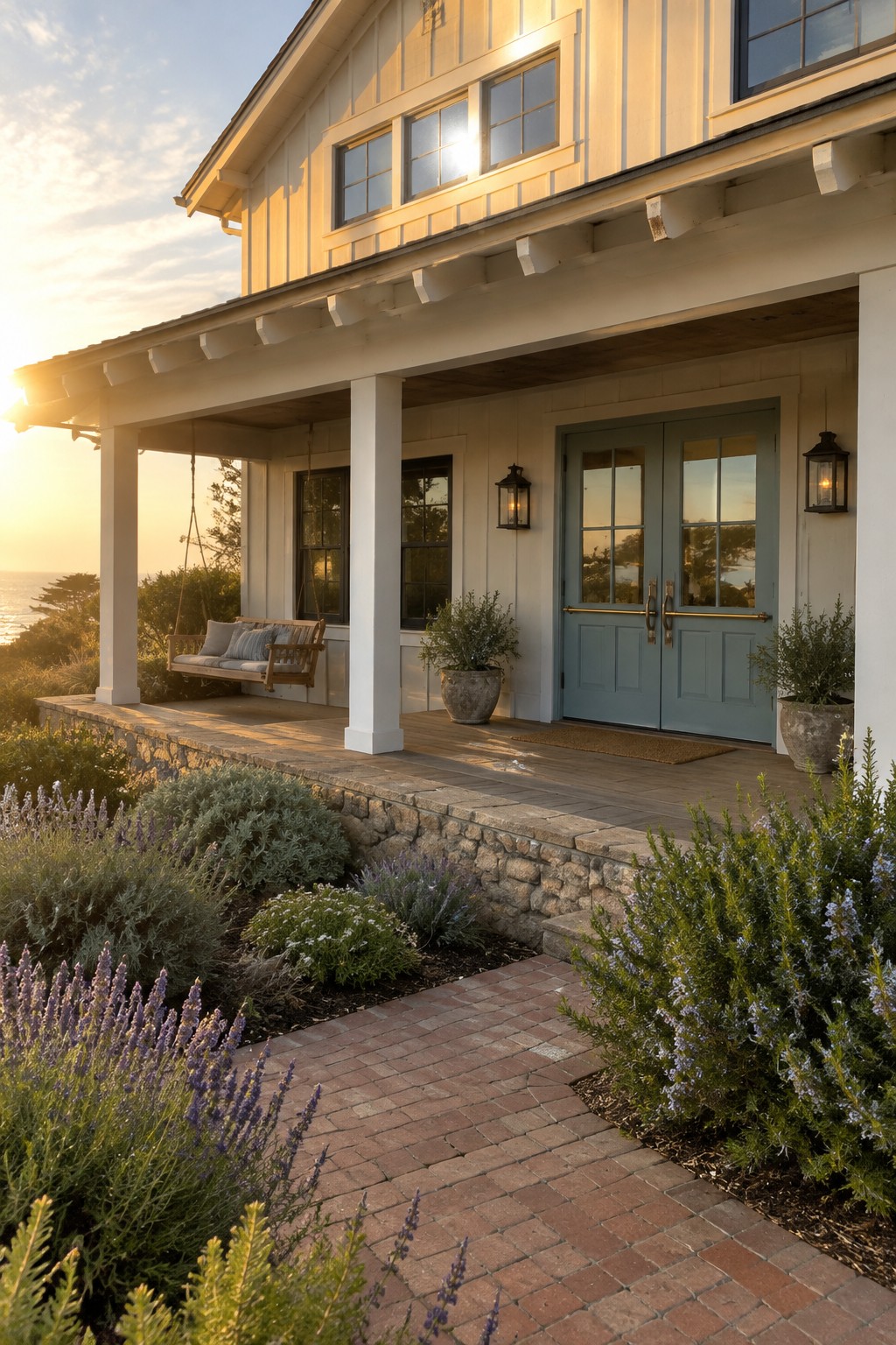 A coastal home with muted blue double front doors, dark metal handles, pale siding, and a covered porch.