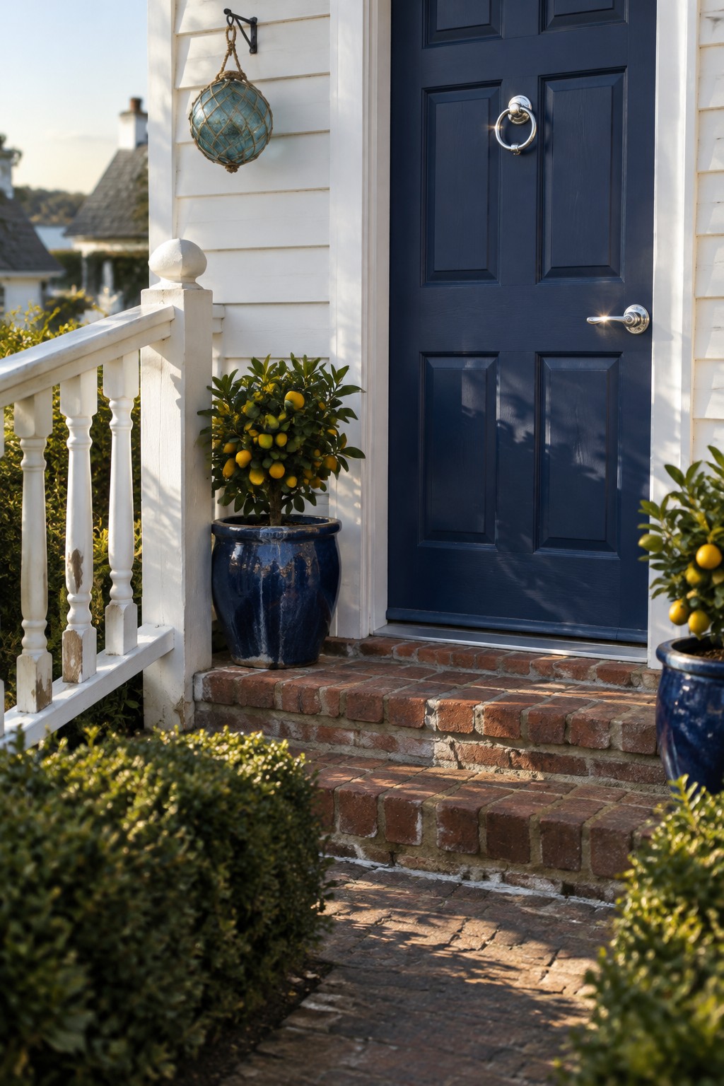 A navy paneled front door with silver hardware on a white-sided house, beside brick steps and potted citrus trees.