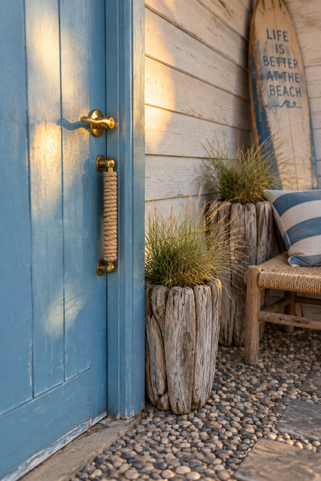 A weathered blue wooden door with brass hardware and a rope handle beside white siding and a driftwood planter.