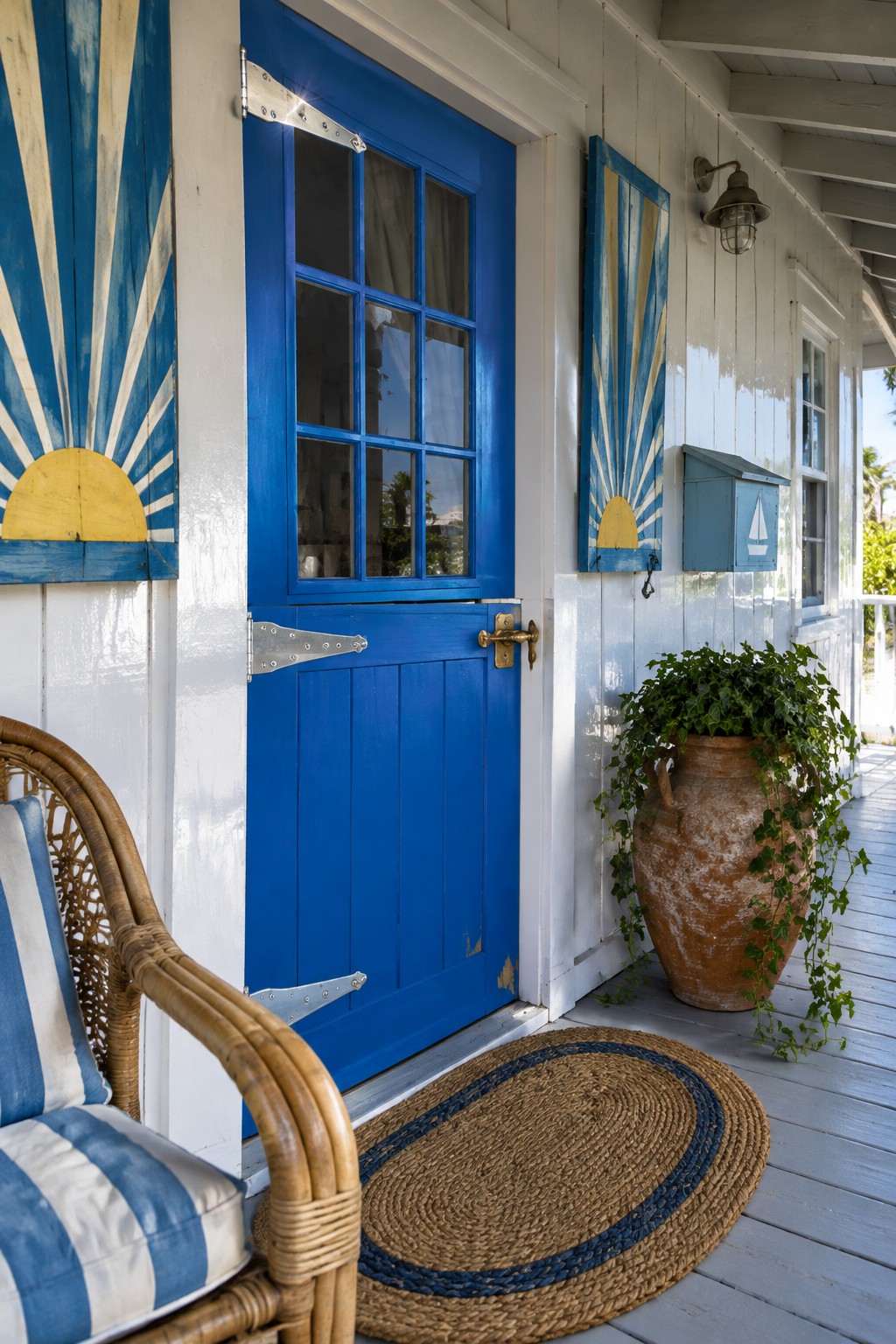 A bright blue front door with silver hinges and a brass handle sits between white walls and blue shutters painted with yellow sunbursts.