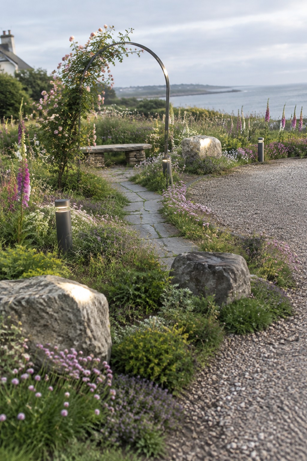 A metal garden arch covered in pink roses stands over a stone path among flowering plants beside the coast.