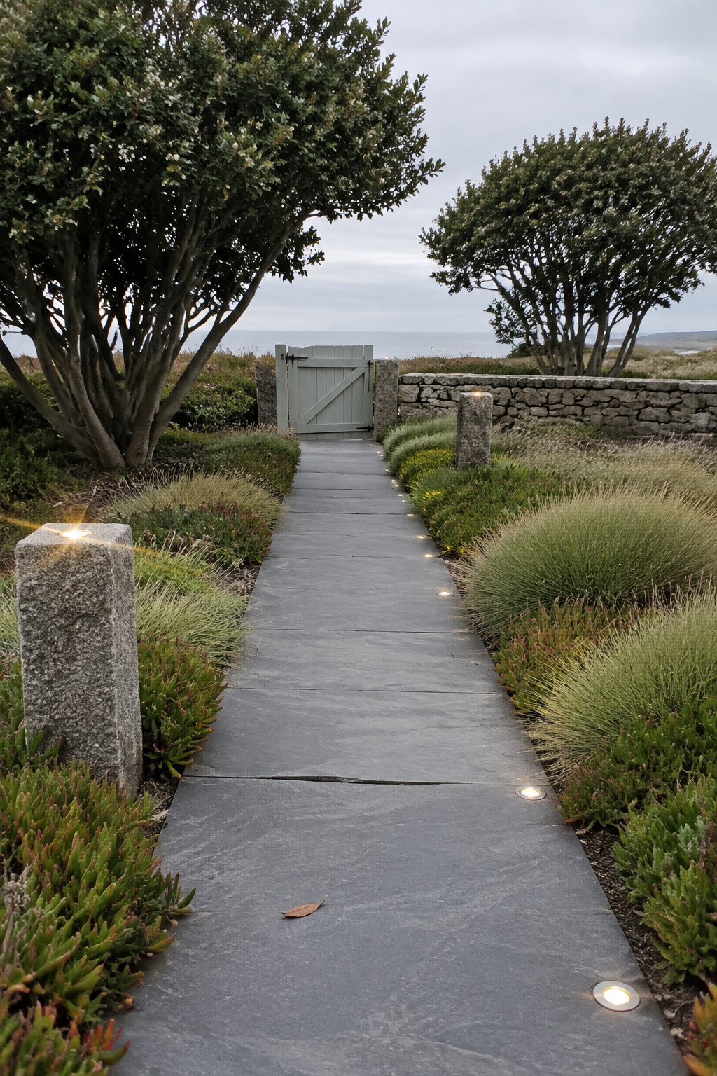 A slate walkway with small in-ground lights passes through coastal planting toward a wooden gate.