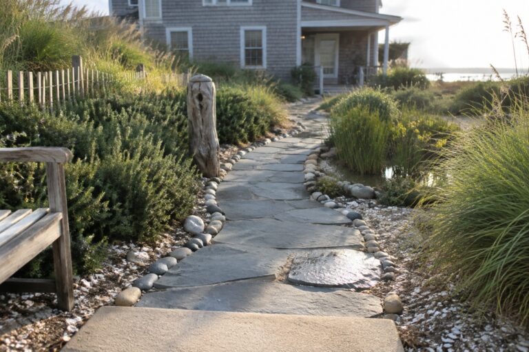Large stone stepping stones form a curved path through coastal garden planting toward a shingled house.