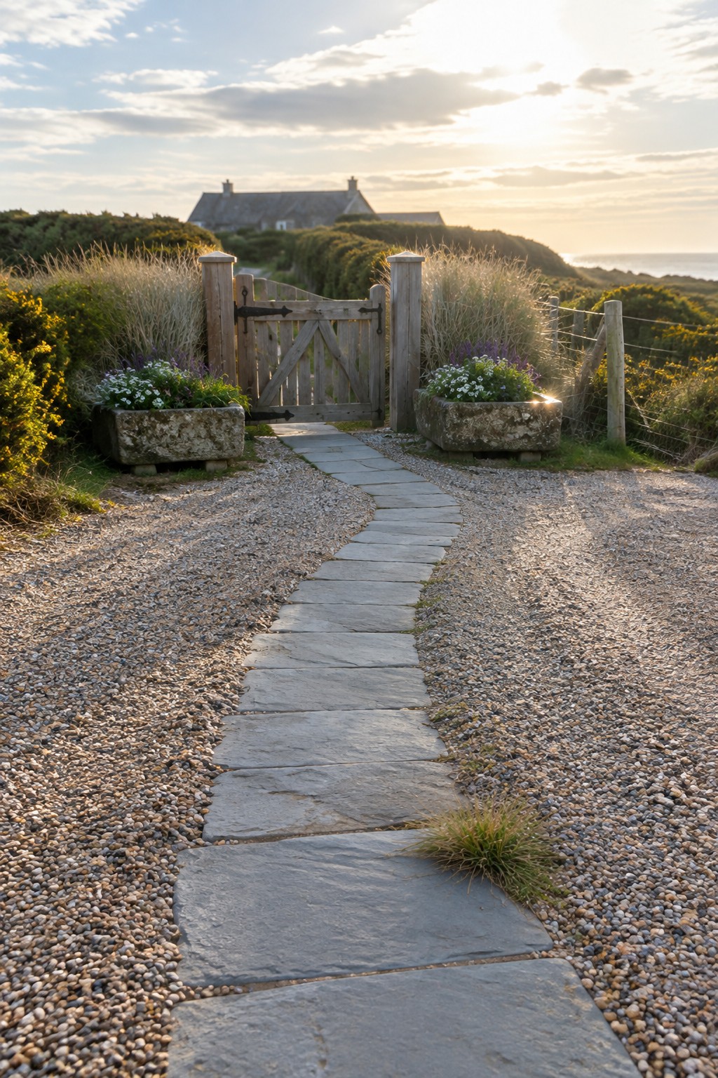 A curved path of stone slabs crosses gravel toward a wooden garden gate, with flower planters and coastal grasses beside it.
