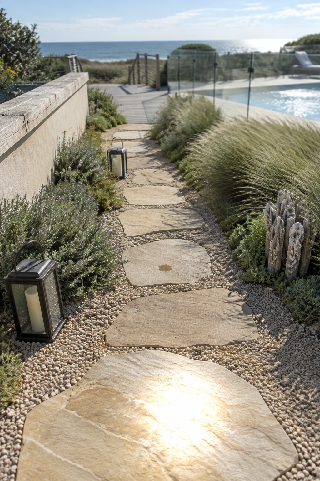 Irregular stone slabs set in gravel form a garden path beside coastal plants, leading toward a wooden deck and pool.