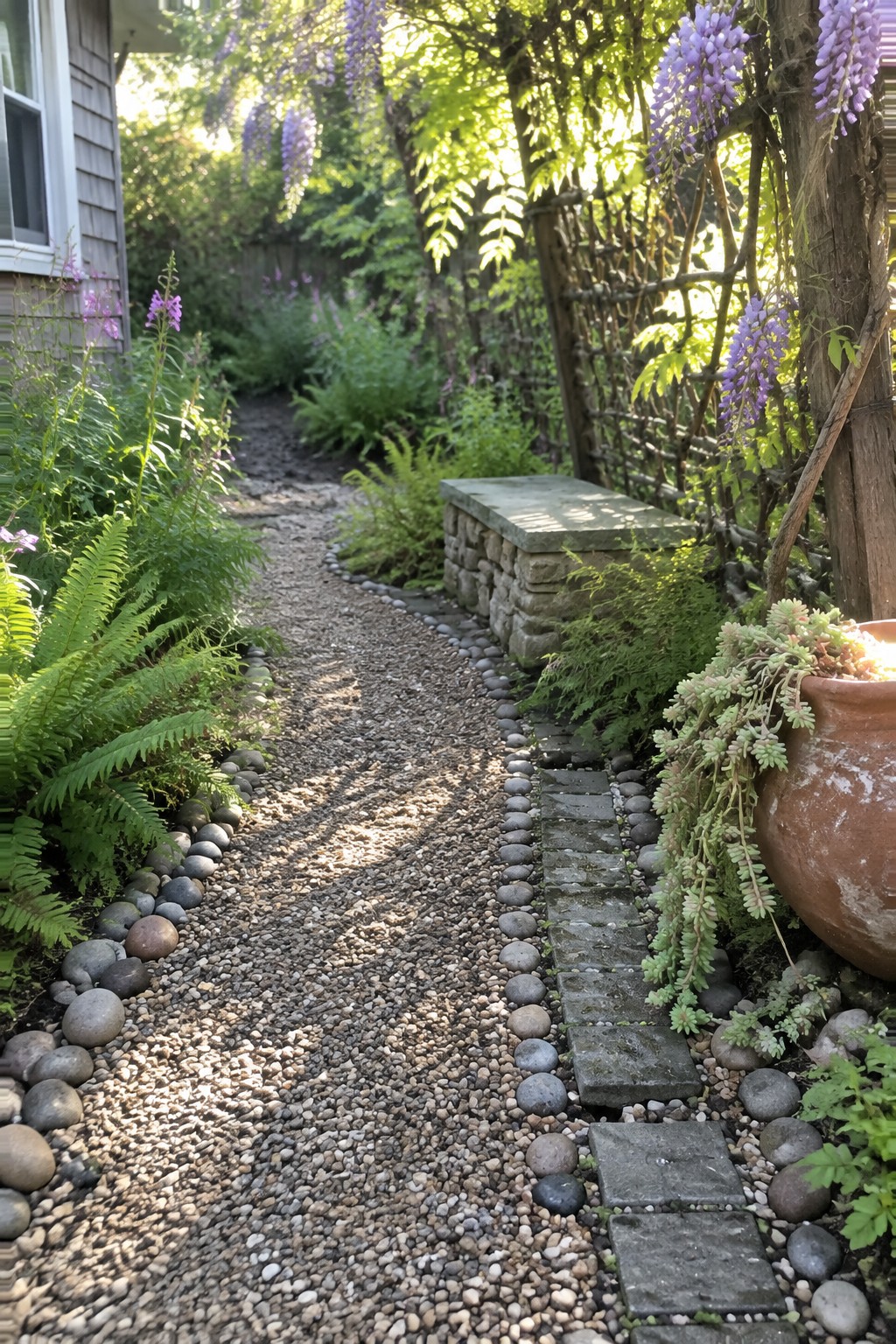 A gravel garden path edged with smooth river stones, with square stepping stones along one side.