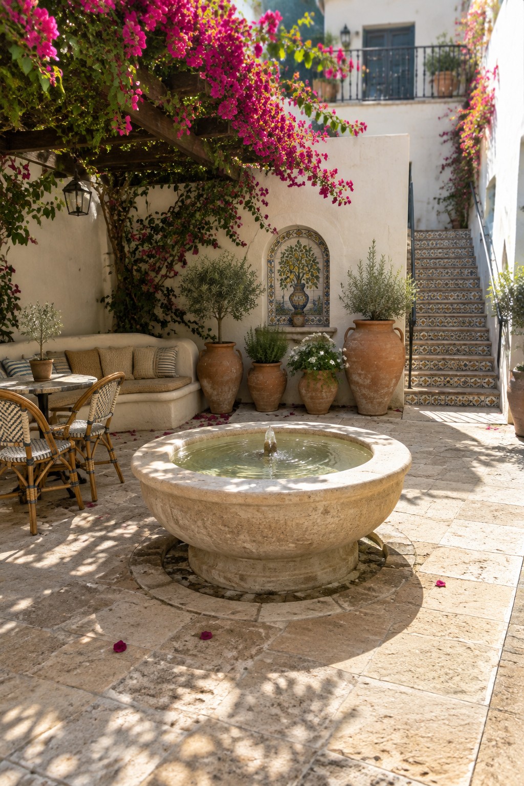 A round stone fountain sits in a paved courtyard beside terracotta pots, tiled steps, and a shaded seating area beneath flowering vines.