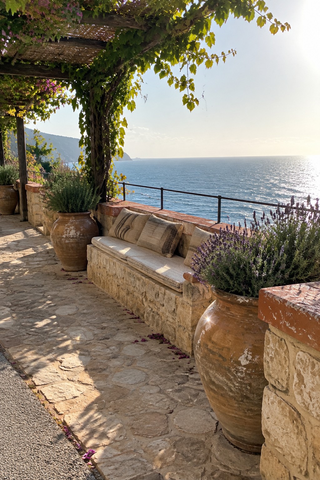 A stone terrace beside the sea has a built-in bench with beige cushions, terracotta pots, and a leafy pergola overhead.