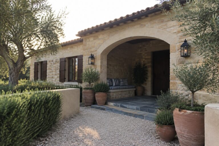 A stone house with a deep arched entry, dark wooden door, built-in bench, and terracotta pots along a gravel path.