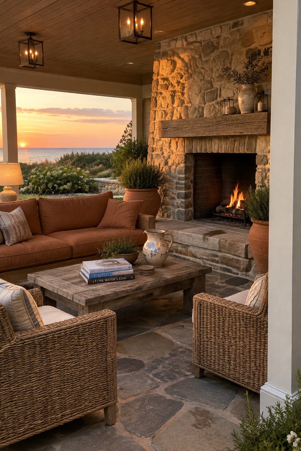 A covered stone patio with a fireplace, wicker chairs, a terracotta sofa, and a wooden coffee table.