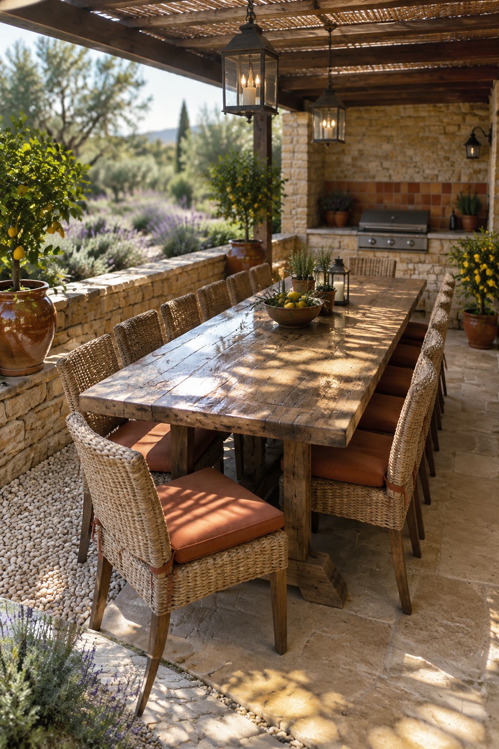 A long wooden dining table with woven chairs sits on a stone patio beneath a timber pergola.