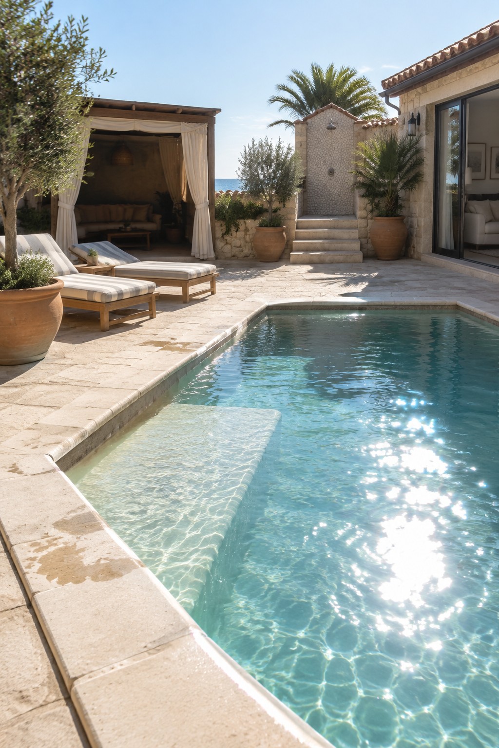 A stone-paved patio with a swimming pool, a shallow entry ledge, cushioned loungers, and a covered seating area.