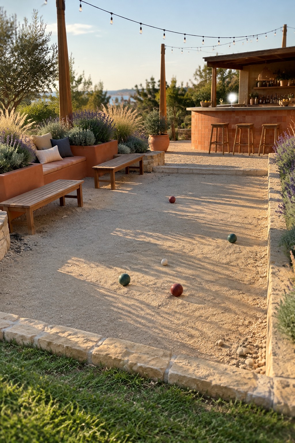 A gravel bocce court with colored balls sits beside a terracotta-fronted outdoor bar and built-in seating.