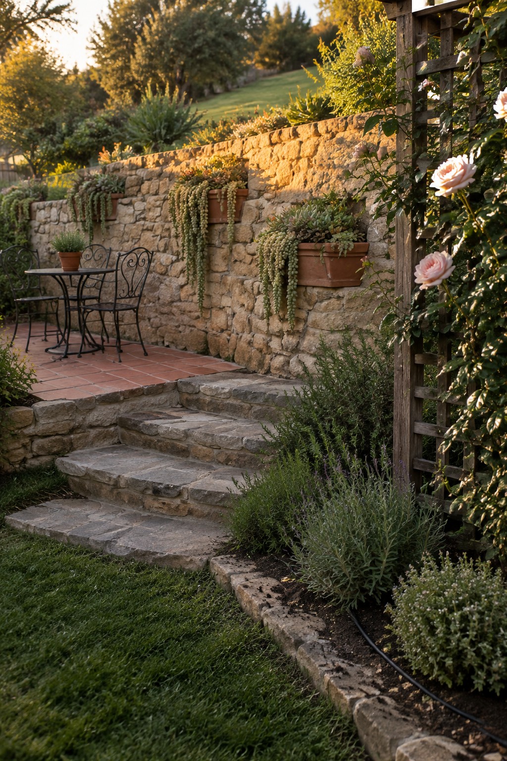 A stone retaining wall with terracotta planters borders a tiled patio and stone steps in a garden.