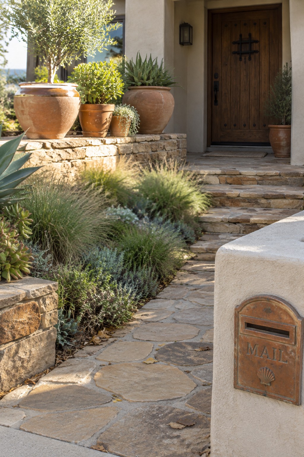 An irregular flagstone path passes through drought-tolerant planting toward a front entry with terracotta pots.