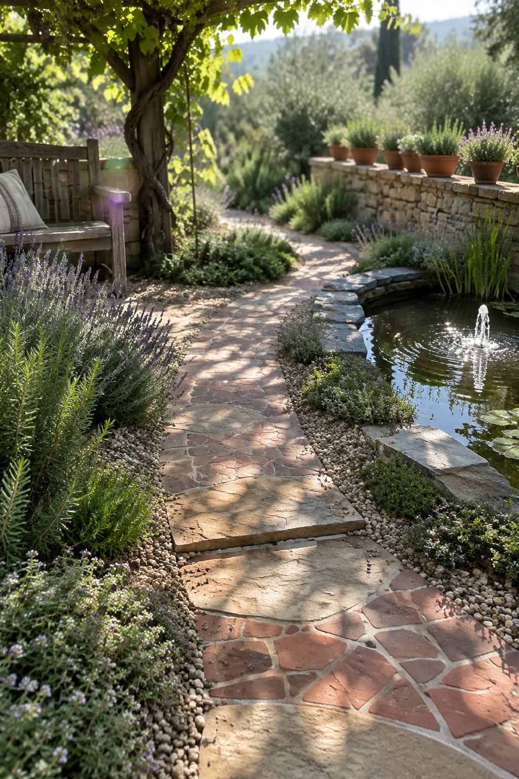 An irregular terracotta and pale stone path curves through planted garden beds beside a small stone-edged pond.