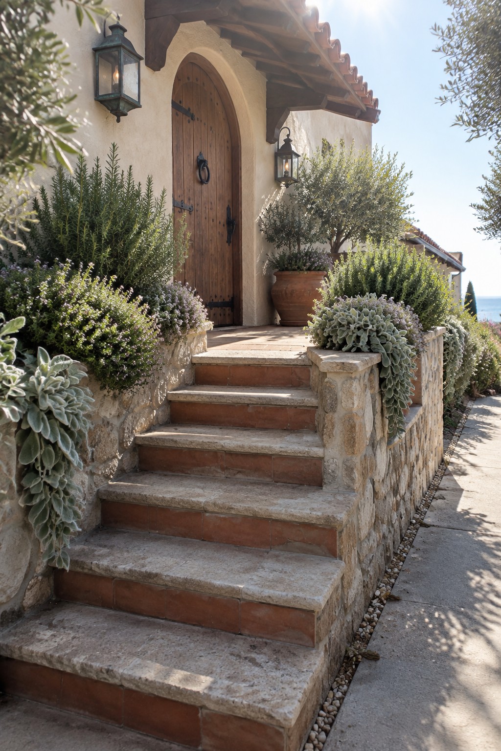 Stone steps with terracotta risers lead to an arched wooden front door surrounded by plants.