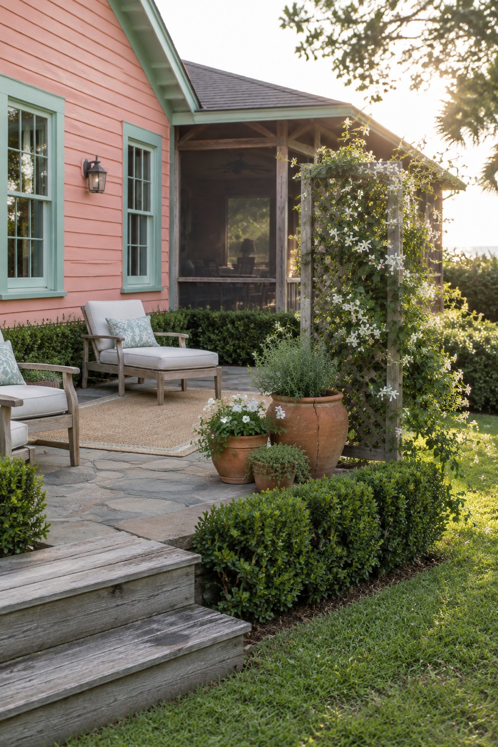 Two cushioned wooden chairs sit on a rug on a stone patio beside a coral house, with potted flowering vines nearby.
