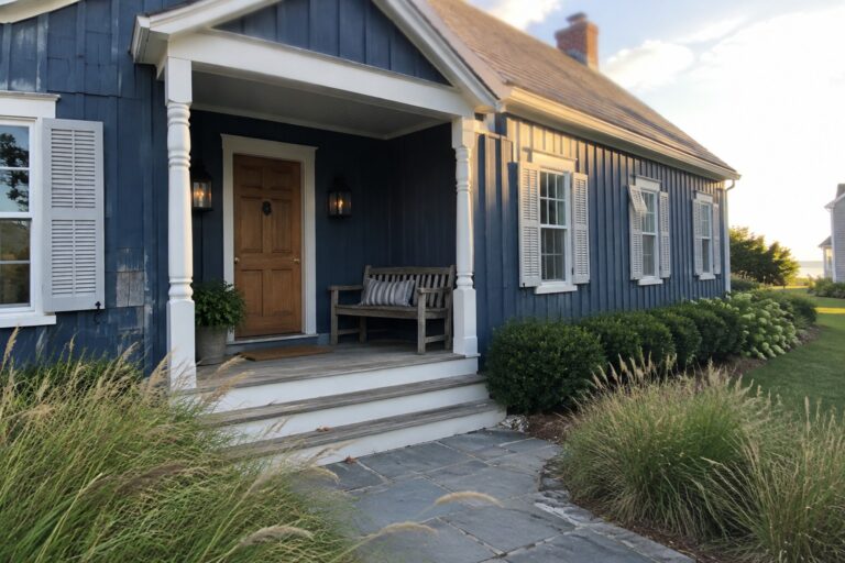 21 Coastal Exterior Paint Color Schemes With Contrasting Trim Blue coastal-style house with white trim, a covered front porch, and a stone walkway.