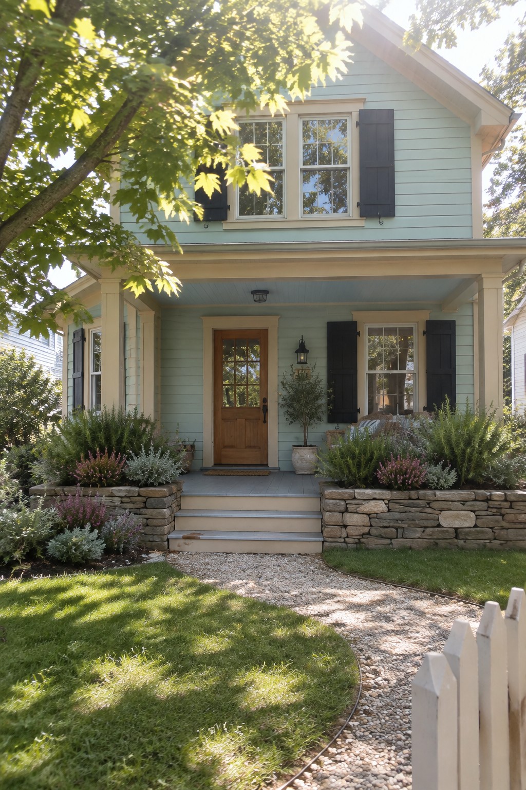 A pale blue two-story house has white trim, dark shutters, a covered porch, and a stone-edged garden.