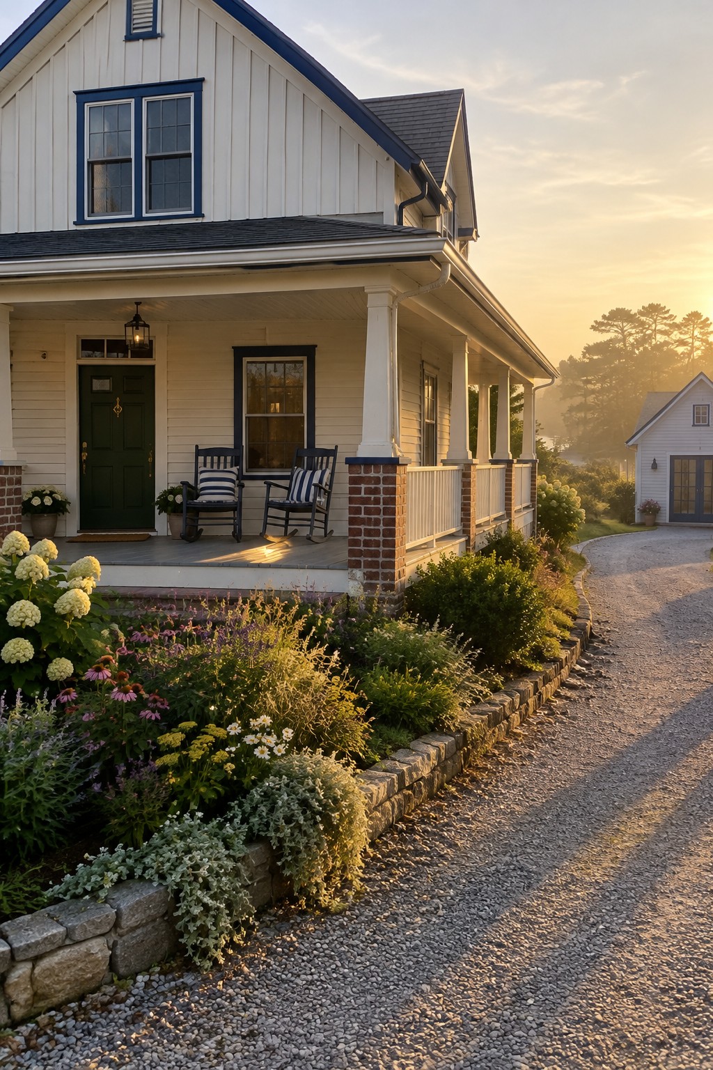 White two-story house with dark blue trim, a deep green front door, and a covered porch beside a gravel driveway.