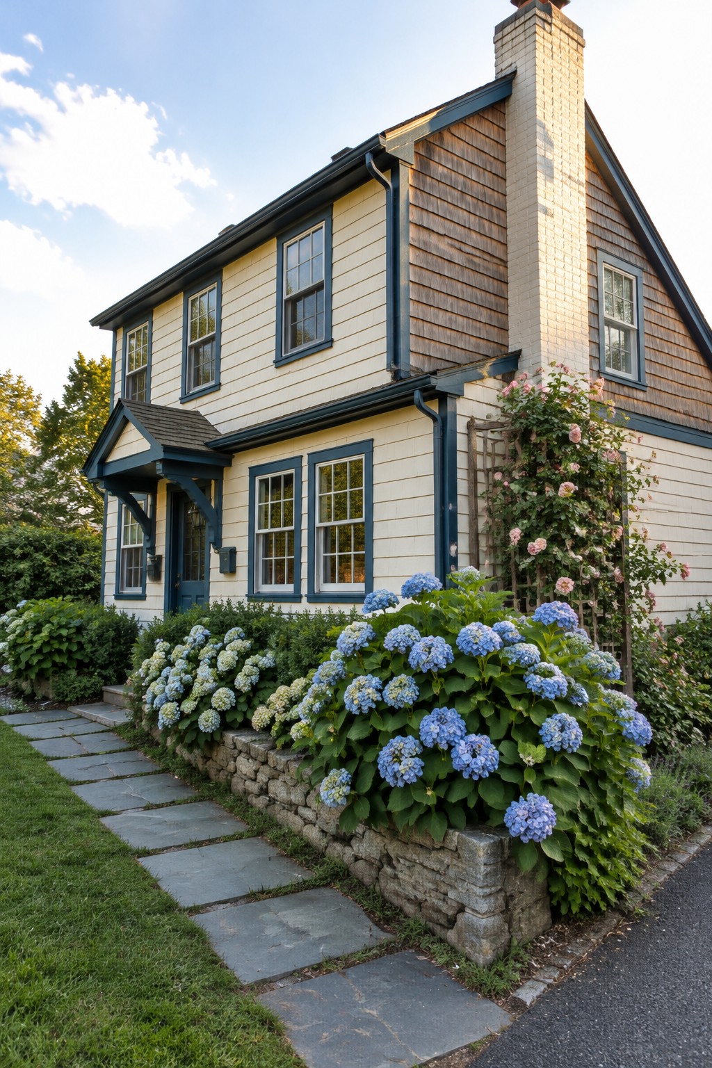 A cream-sided two-story house with dark blue trim, cedar shingles, a stone chimney, and a front garden of hydrangeas.