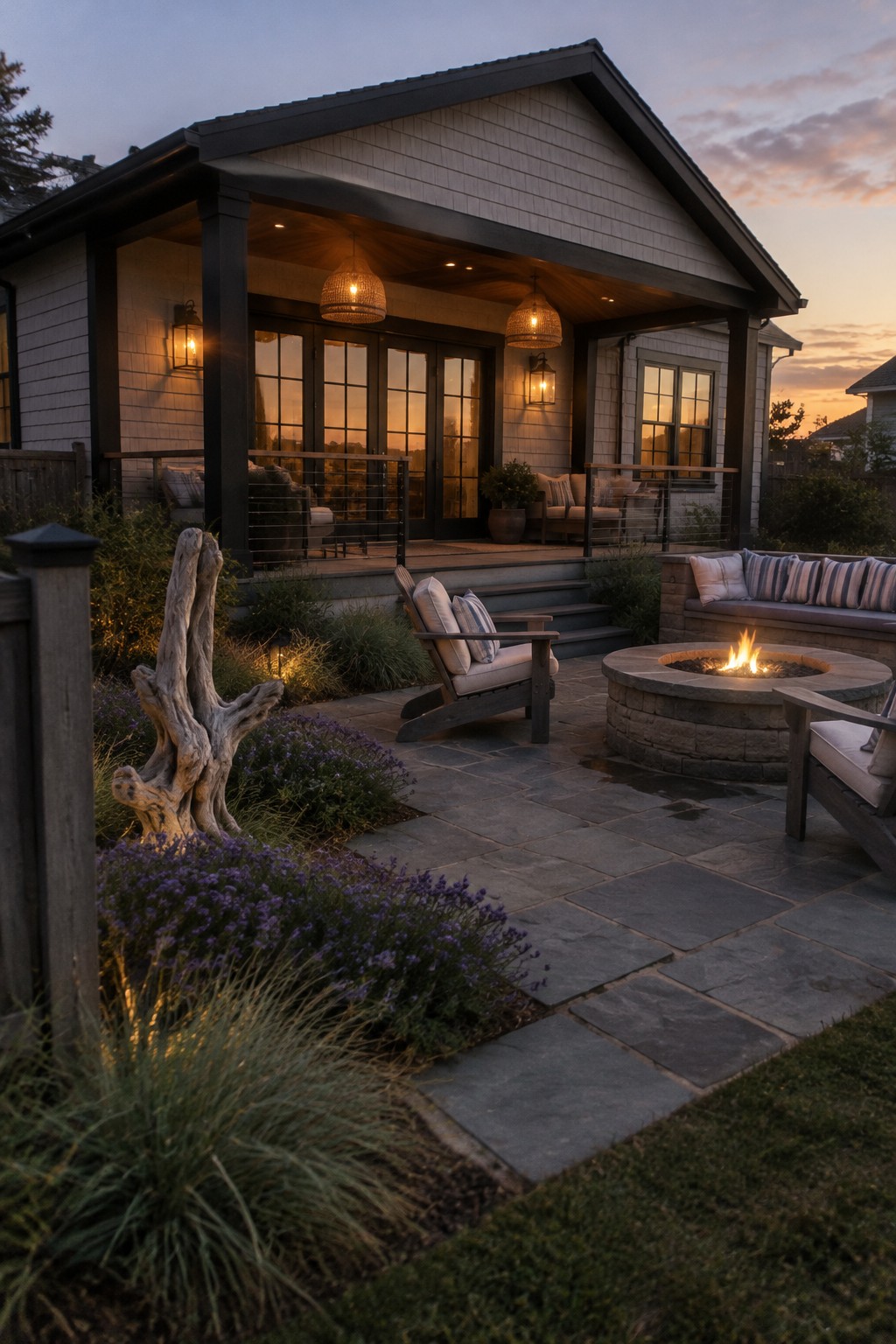 A coastal shingle-sided house with dark trim, a covered patio, and a stone fire pit seating area.