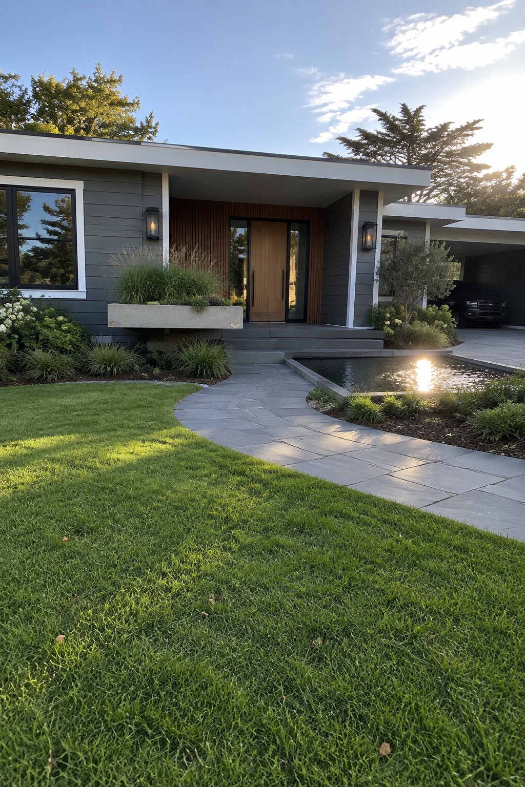 Modern home with gray horizontal siding, white trim, a wood front door, and a landscaped entry.