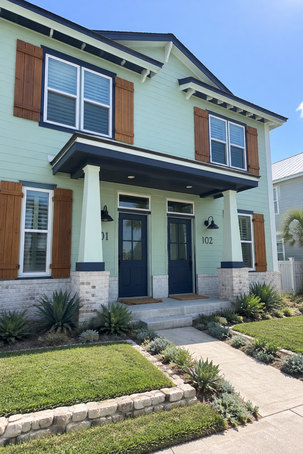 Two-story pale green coastal duplex with navy trim and doors, wooden shutters, and brick porch bases.