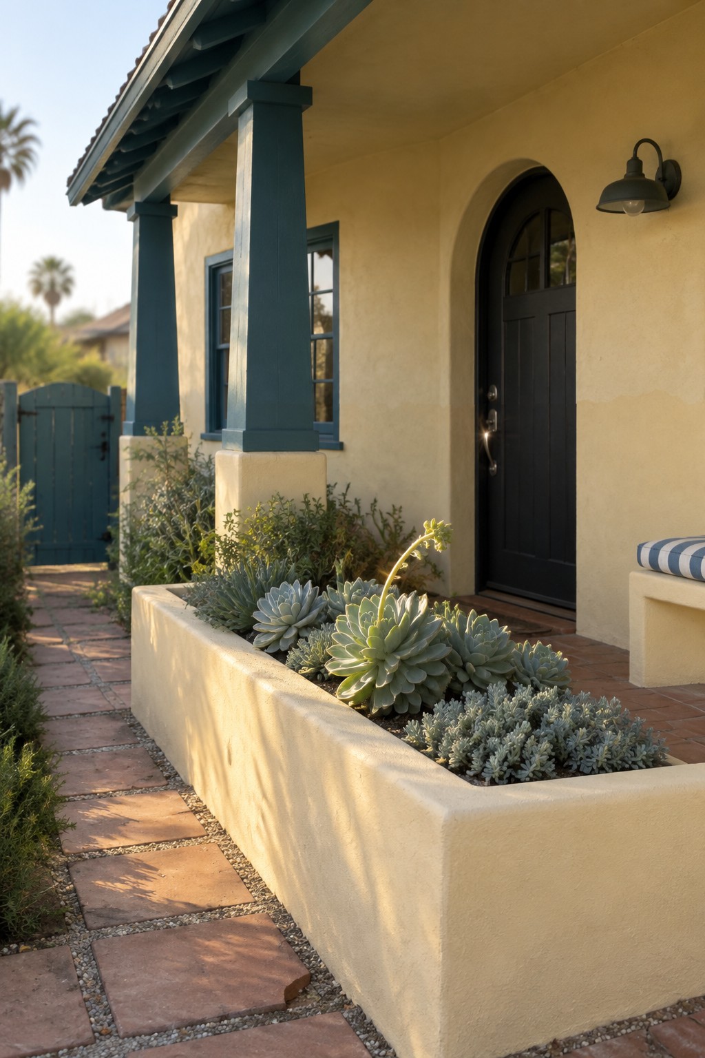 A cream stucco home has deep teal porch posts and window trim beside a black arched front door and a raised succulent bed.