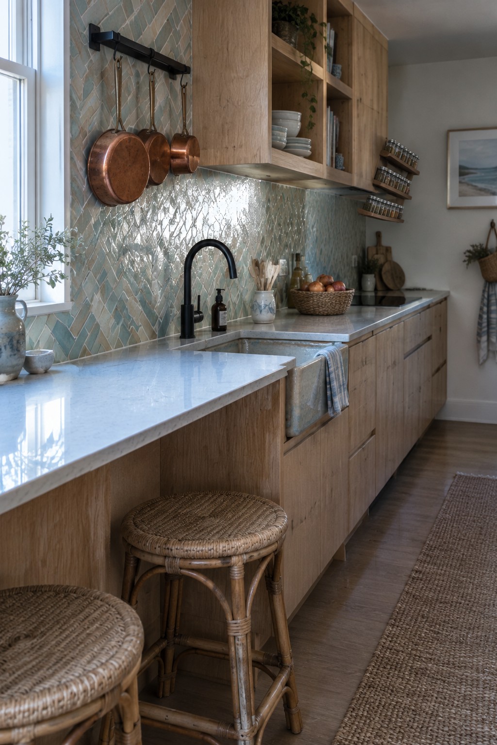 A narrow kitchen with light oak cabinets, a long pale countertop, blue-green tile backsplash, and woven stools.