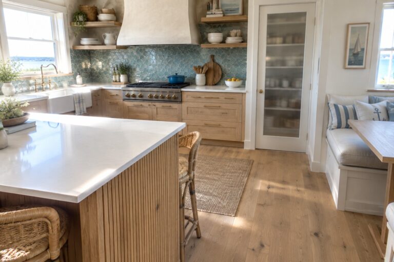A coastal kitchen with light oak cabinets, blue-green patterned tile, open shelves, and a white apron-front sink.