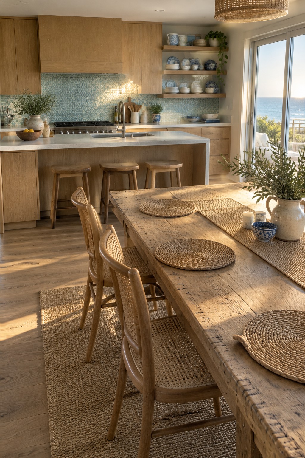 A kitchen with light oak cabinets, a blue-green tile backsplash, and a wood dining table beside a large window.