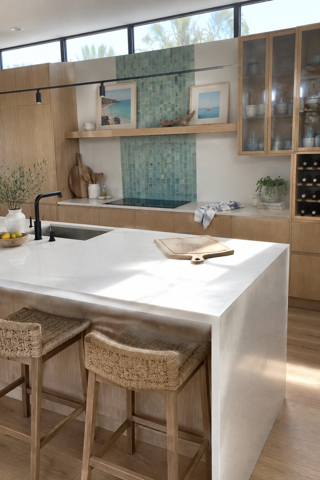 A kitchen with light oak cabinets, a blue-green tile backsplash behind the cooktop, and a white island with woven stools.