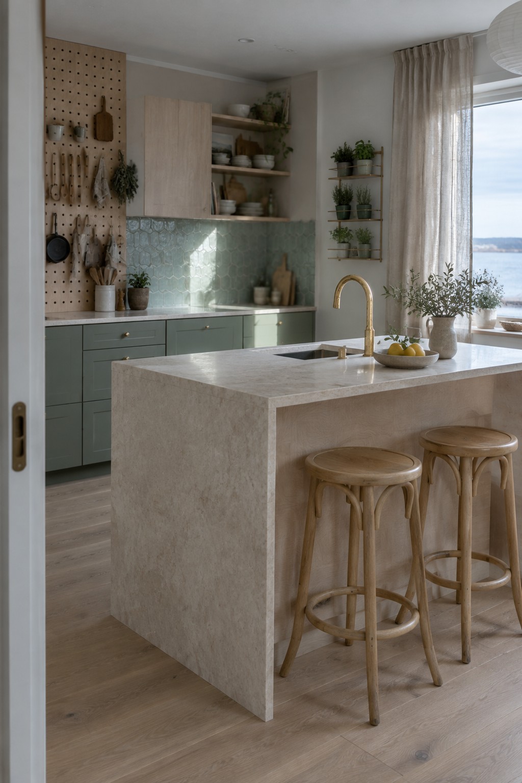 A pale stone kitchen island with a sink and brass faucet stands beside two wooden stools in a kitchen with green cabinets and blue-green tile.