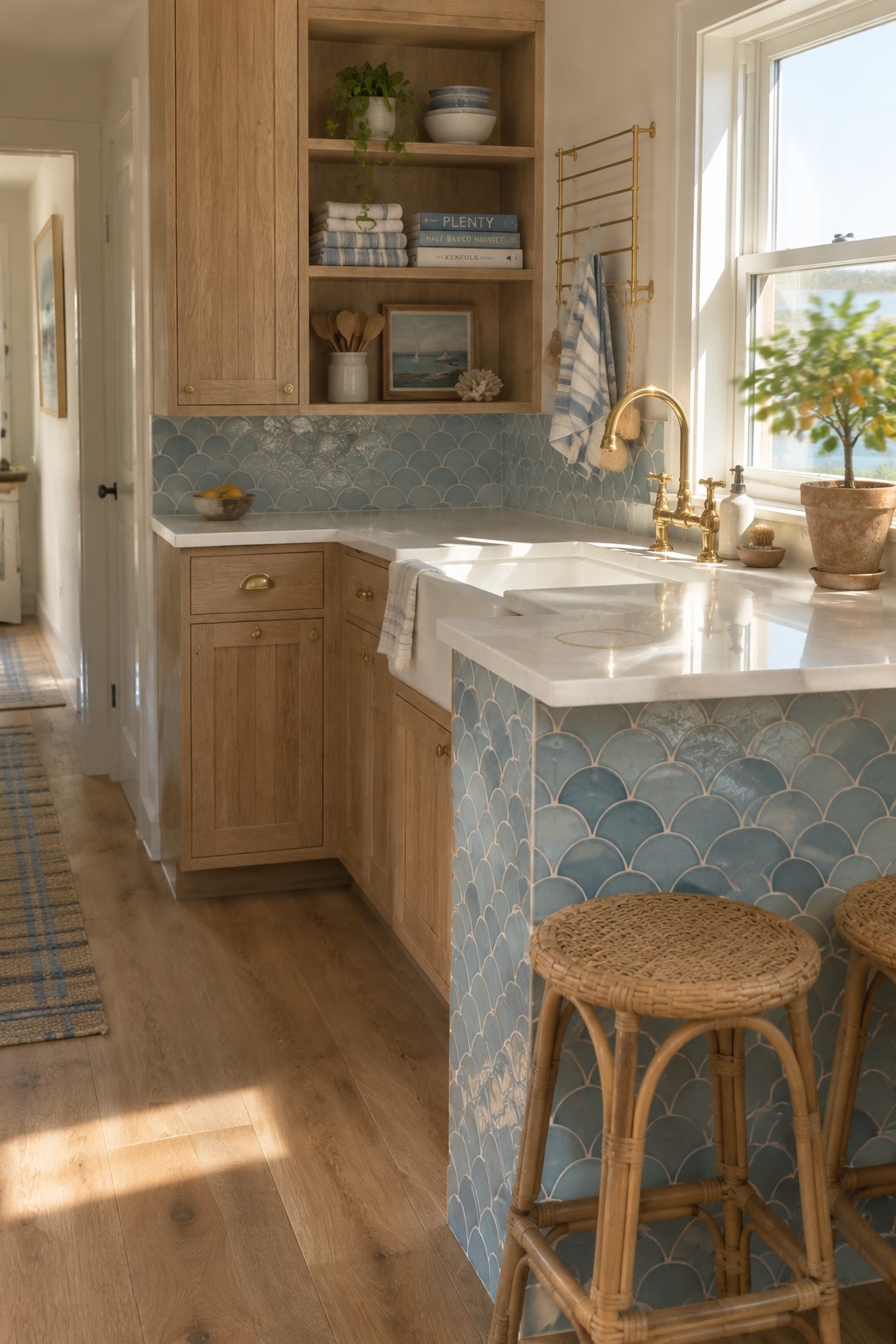 A kitchen peninsula faced with blue scallop tiles has a white countertop and two woven stools.