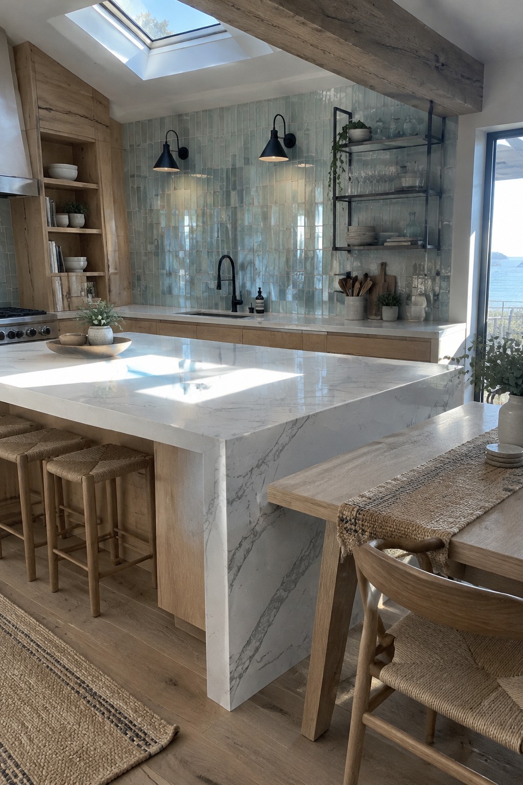 A light oak kitchen with a white marble waterfall island, woven stools, pale blue tile backsplash, and an adjacent wooden dining table.