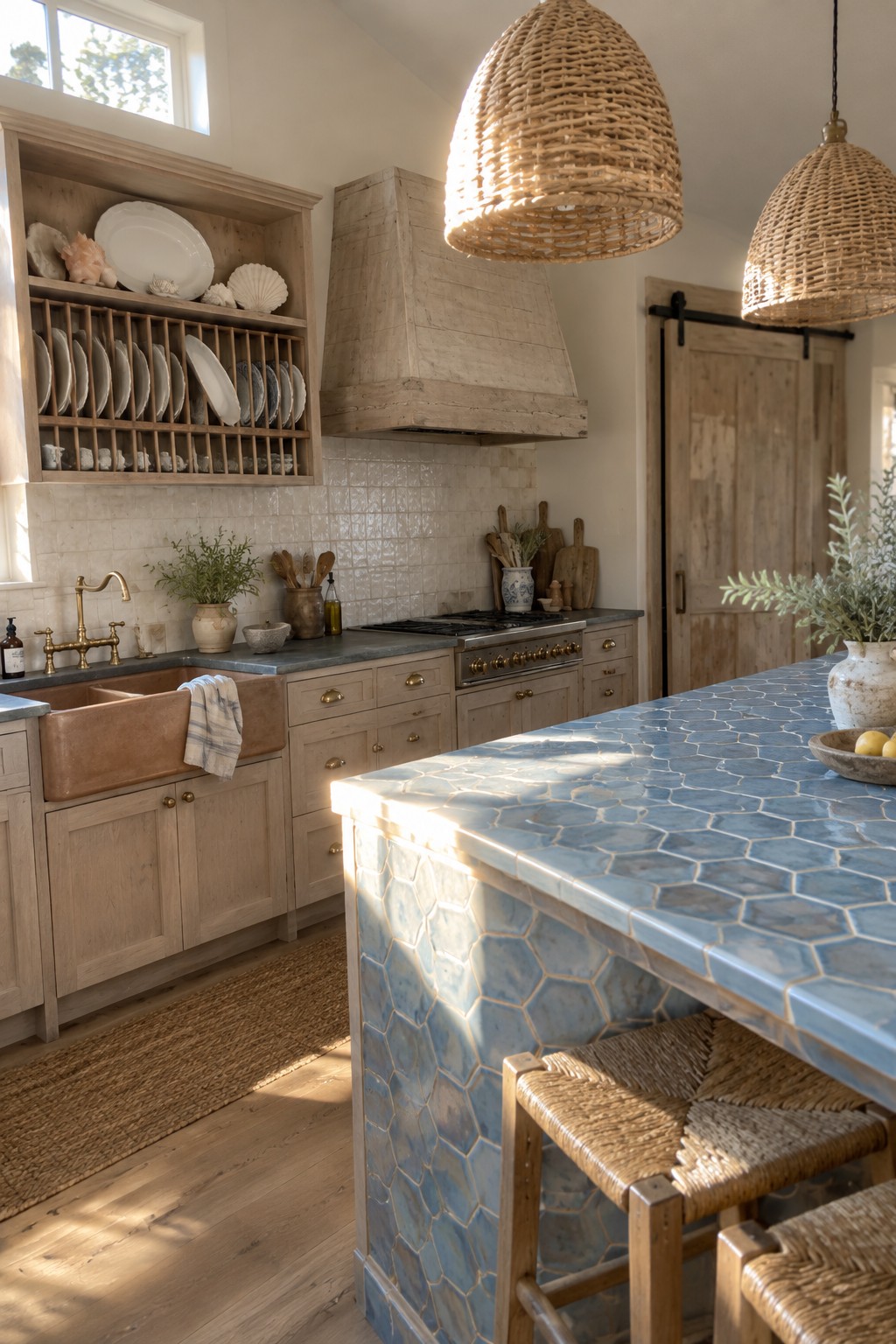 A kitchen with light oak cabinets, a blue hexagonal tile island, and woven pendant lights.
