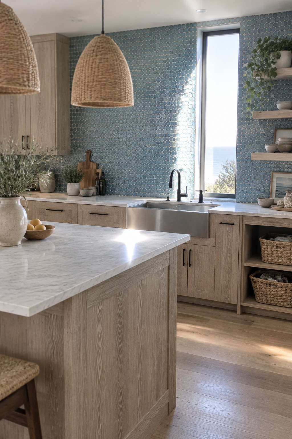 A kitchen with light oak cabinets, a blue tiled wall, a marble island, woven pendant lights, and a window above the sink.