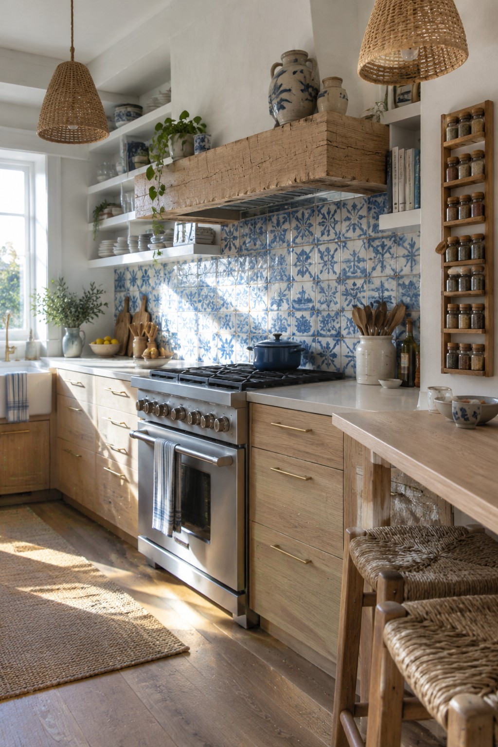 A kitchen with light oak cabinets, blue patterned tile, open shelves, and a stainless steel range.