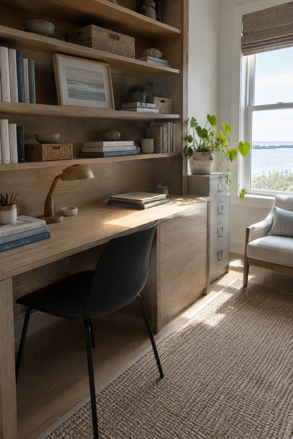 A built-in oak desk with shelves and drawers sits beside a window in a home office, with a black chair in front.