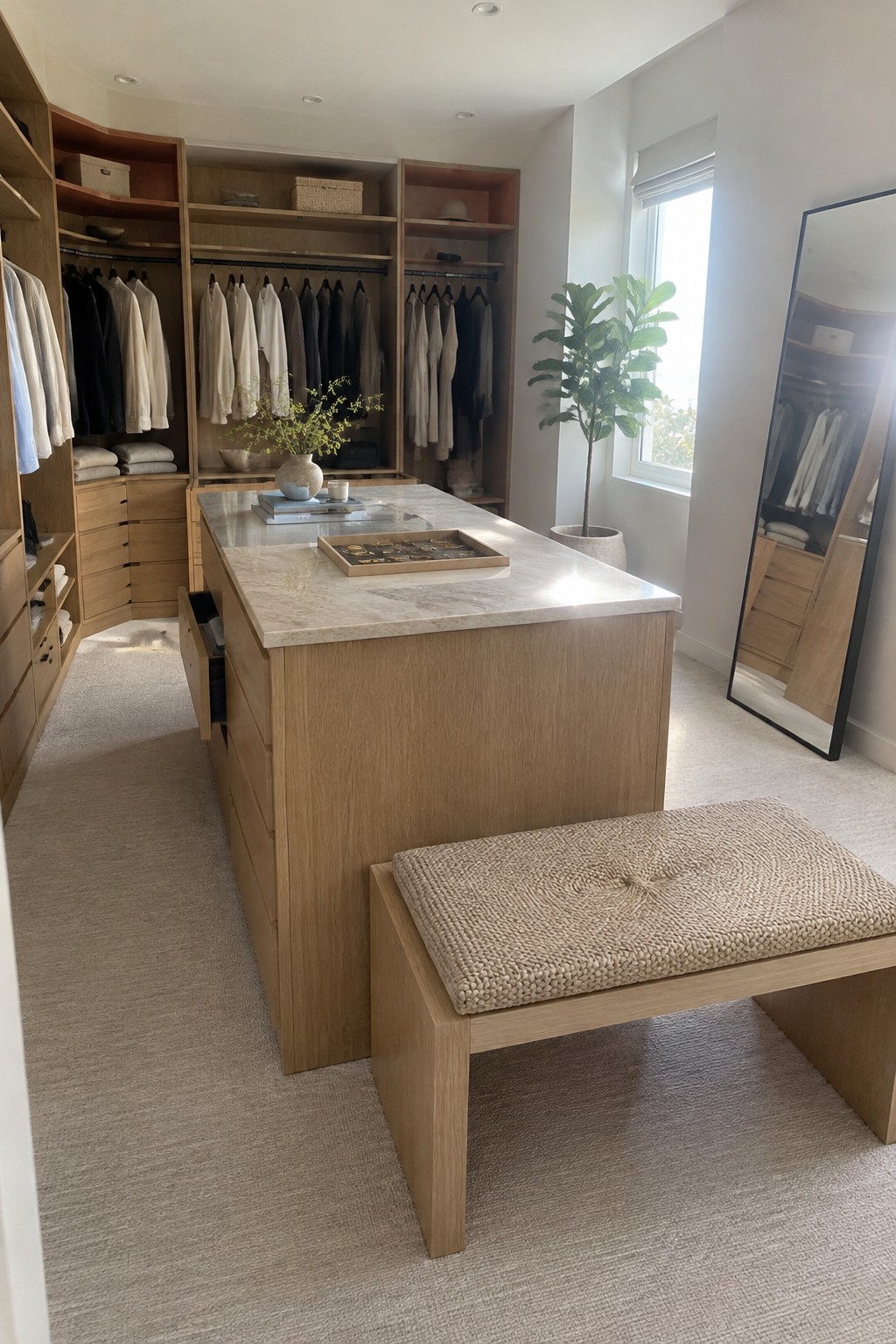 A walk-in closet with natural wood cabinetry, hanging clothes, and a central island topped with marble.