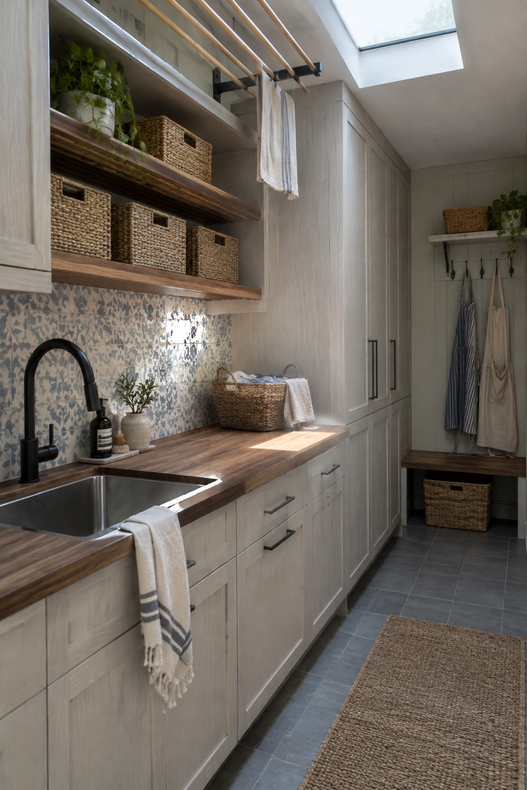 A laundry room with open wood shelves, woven baskets, pale cabinets, a wood counter, and a deep sink.