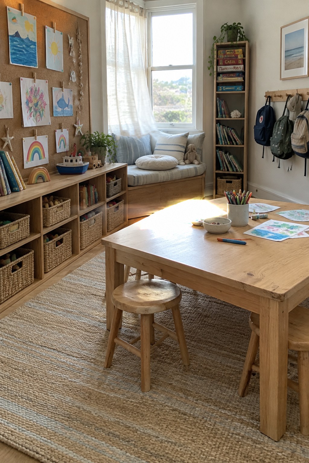 A children’s art room with a low wooden table, open cubby storage, woven baskets, a corkboard displaying drawings, and a window seat.