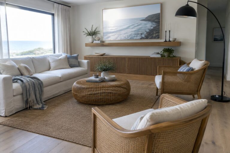 21 Modern Coastal Home Ideas Featuring Natural Wood and Clean Lines Coastal living room with a wood-slat radiator cover, white sofa, woven chairs, and a round wicker coffee table.