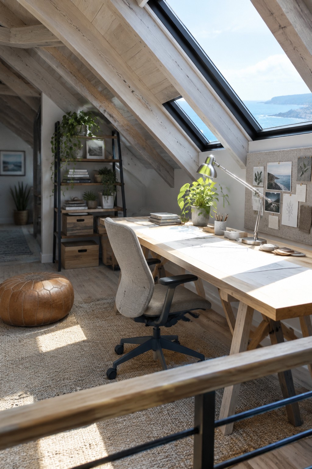 A long wooden desk and office chair sit beneath sloped skylights in a wood-beamed attic workspace.